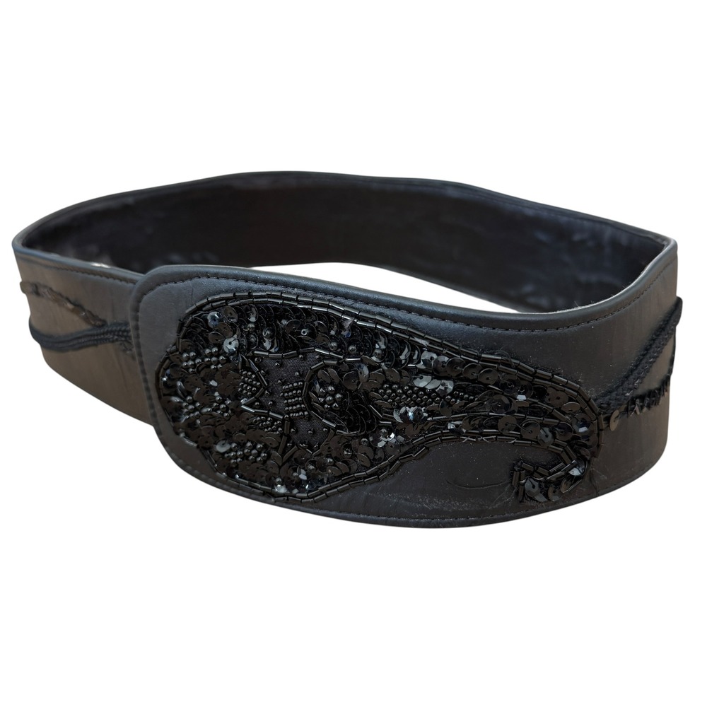 Shibui Vintage Sequin Beaded Wide Waist Belt M Black Paisley Hook Loop Closure